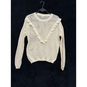 IJOAH Cream Cotton Open Knit Ruffle‎ Trim Sweater SW5532 Small